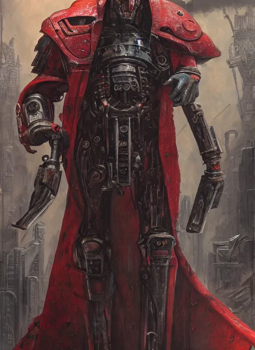 Image similar to portrait of rotten Nicolas Cage as adeptus mechanicus in red hood and robe from Warhammer 40000. Highly detailed, artstation, illustration by and John Blanche and zdislav beksinski and wayne barlowe