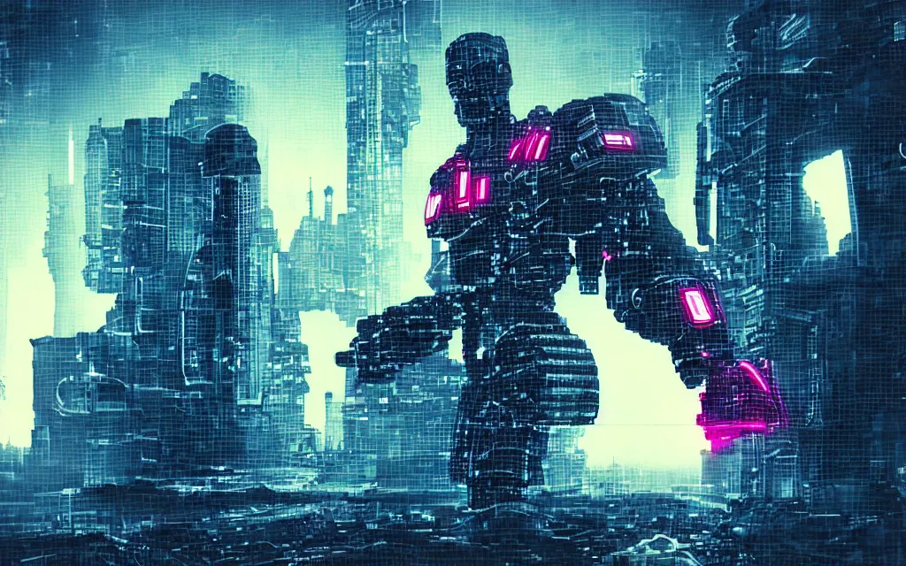 Prompt: cyborg in colossus tower data storage style cyberpunk retrowave william gibson high detalied realistic photo widescreen