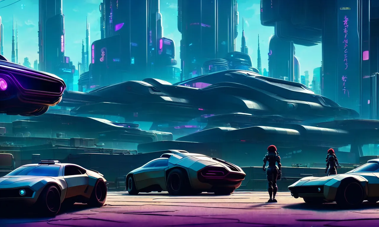 Image similar to a wholesome animation key shot of a futuristic car as a Cyberpunk 2077 loading screen, medium shot, architecture, studio Ghibli, Pixar and Disney animation, sharp, very detailed, high resolution, inspired by Hayao Miyazaki, anime key art by Greg Rutkowski, Bloom, dramatic lighting