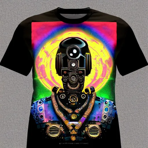 Prompt: mockup of a black tshirt with a hyperdetailed portrait of a spaced out steam punk robot, 8 k, symetrical, flourescent colors, multicolored,