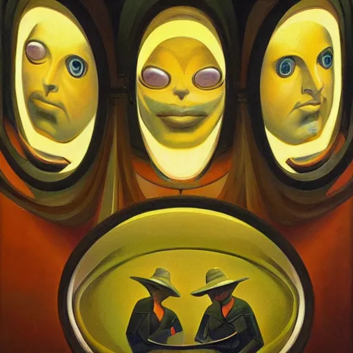 Image similar to three biomorphic robotic seers watchers oracles soothsayers with glowing eyes portrait, inside a dome, pj crook, grant wood, edward hopper, syd mead, chiaroscuro, oil on canvas