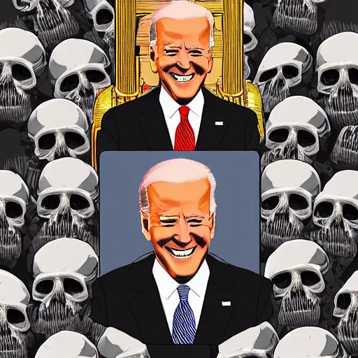 Image similar to Joe Biden sitting on a throne of skulls, digital painting