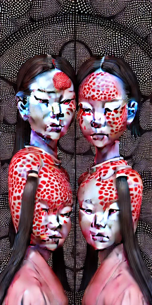 Prompt: hyperrealistic detailed image of a geisha twins in a art installation room, hd smooth interior by yayoi kusama, part by kei mieno, part by ross tran, dark art by james jean, ultra realistic, highly detailed, life like face, detailed body, 8 k, 3 d render by roger magrini, masterpiece