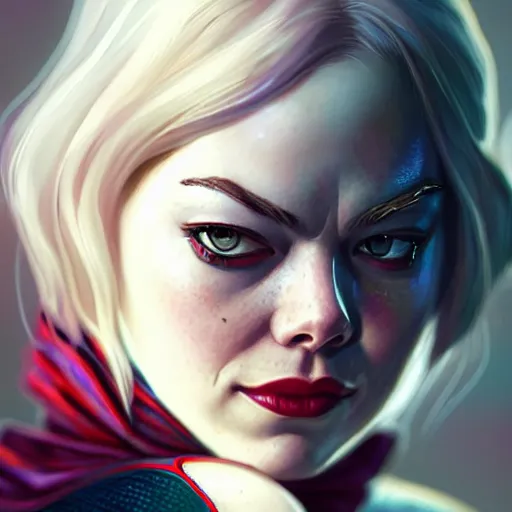 Image similar to beautiful Emma Stone as Spider-Gwen, western, closeup, D&D, fantasy, intricate, elegant, highly detailed, digital painting, artstation, concept art, matte, sharp focus, illustration, art by Artgerm and Greg Rutkowski and Alphonse Mucha