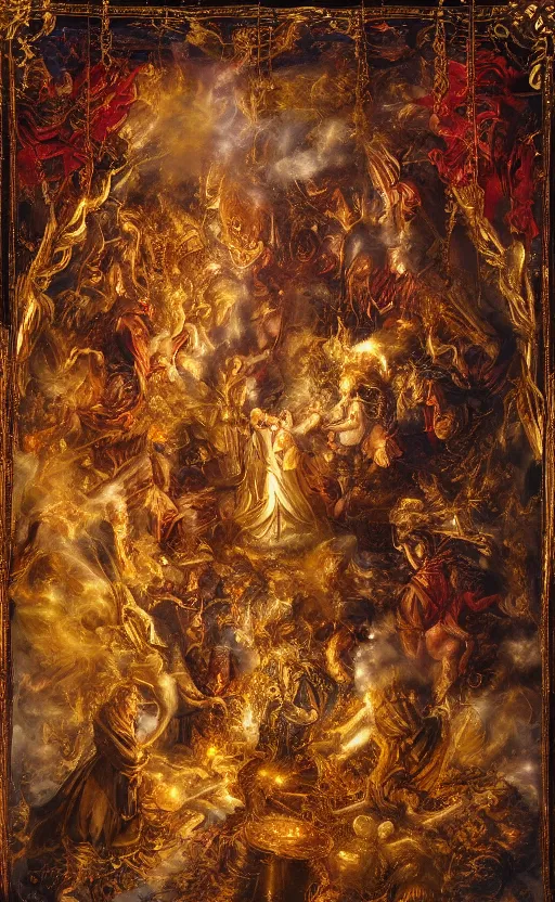 Image similar to 'Deamons Invade The Holy See' by István Sándorfi royally decorated, whirling smoke, embers, gold encrustations , gilt silk torn fabric, radiant colors, fantasy, perfect lighting, studio lit, micro details,