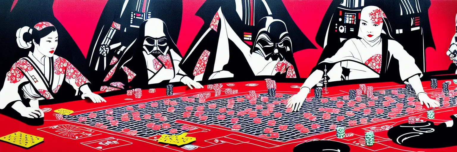 Image similar to hyperrealism composition of the detailed woman in a japanese kimono sitting at an extremely detailed poker table with darth vader and stormtrooper, fireworks on the background, pop - art style, jacky tsai style, andy warhol style, acrylic on canvas