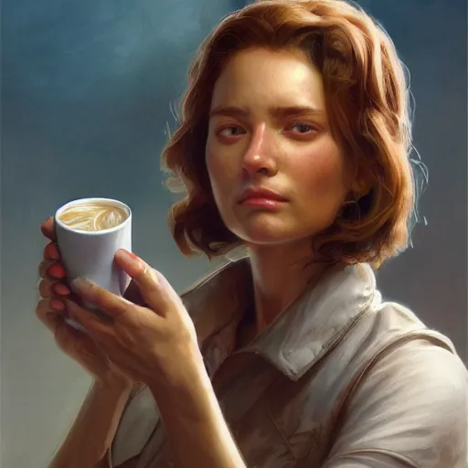 Image similar to an portrait of an female medic drinking coffee, detailed, centered, digital painting, artstation, concept art, donato giancola, Joseph Christian Leyendecker, WLOP, Boris Vallejo, Breathtaking, 8k resolution, extremely detailed, beautiful, establishing shot, artistic, hyperrealistic, beautiful face, octane render