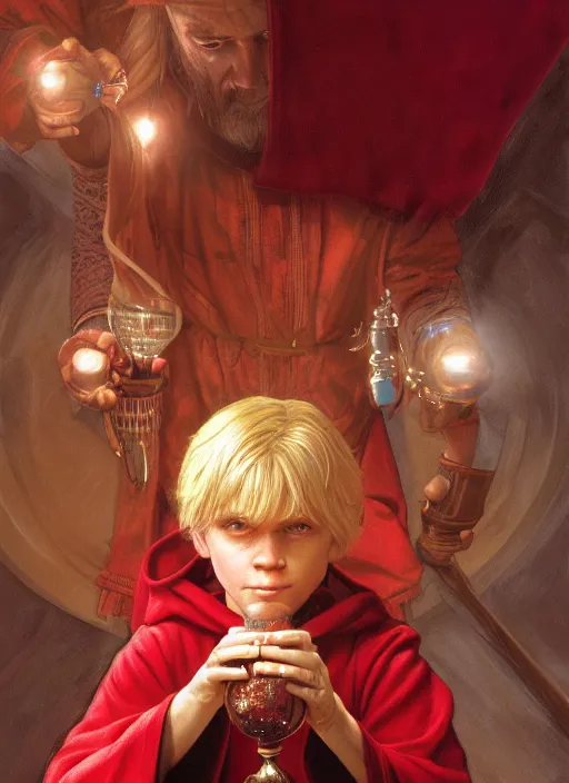 Prompt: a 1 2 year old white boy with blonde hair, medium length hair, wearing red sorcerers robes, holding a glass ball in his hands, style by donato giancola, wayne reynolds, jeff easley dramatic light, high detail, cinematic lighting, artstation, dungeons and dragons