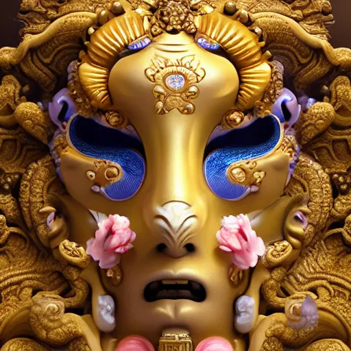 Image similar to 3 d goddess close - up frontal portrait with ram golden skull. beautiful intricately detailed japanese fractal kitsune mask and clasical japanese kimono. betta fish, jellyfish phoenix, bio luminescent, plasma, ice, water, wind, creature, mandelbulb, fractal, artwork by tooth wu and wlop and beeple and greg rutkowski