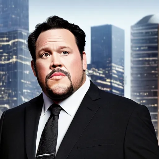 Image similar to Clean-shaven Jon Favreau as Happy Hogan wearing a black suit and black necktie and black dress shoes is climbing up a tall building in an urban city.