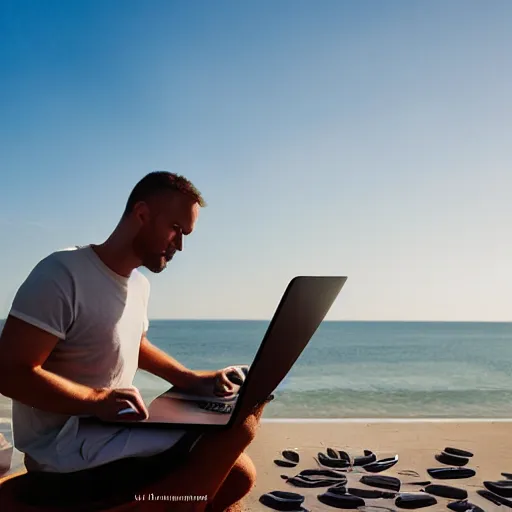 Image similar to man working on laptop at sunny beach, by ilya kuvshinnikov, perfect face, fine details