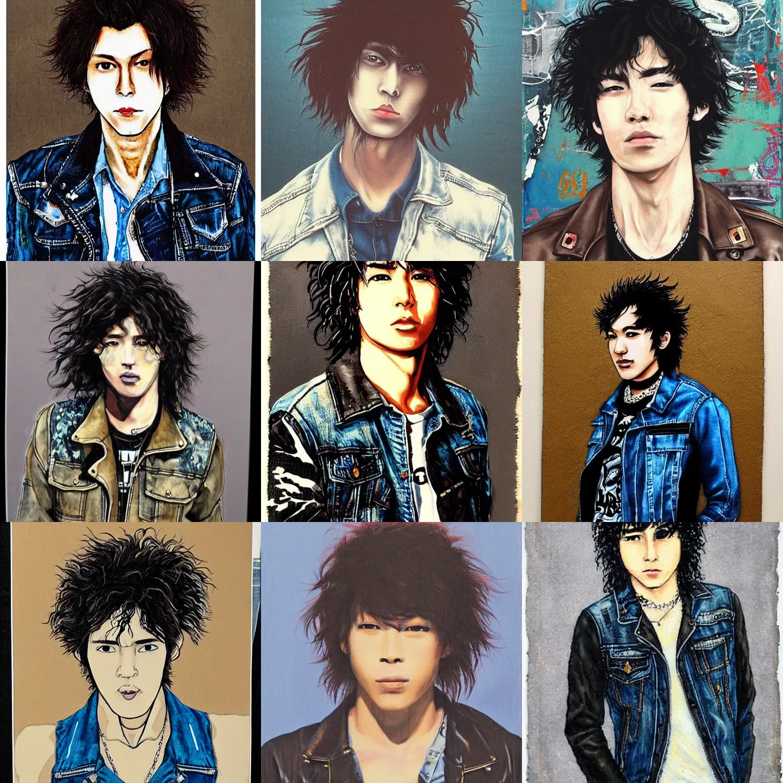Prompt: “Portrait of a pretty punk rock young man with messy long curly dark brown hair and a denim vest over a leather jacket, as painted by ikegami yoriyuki”