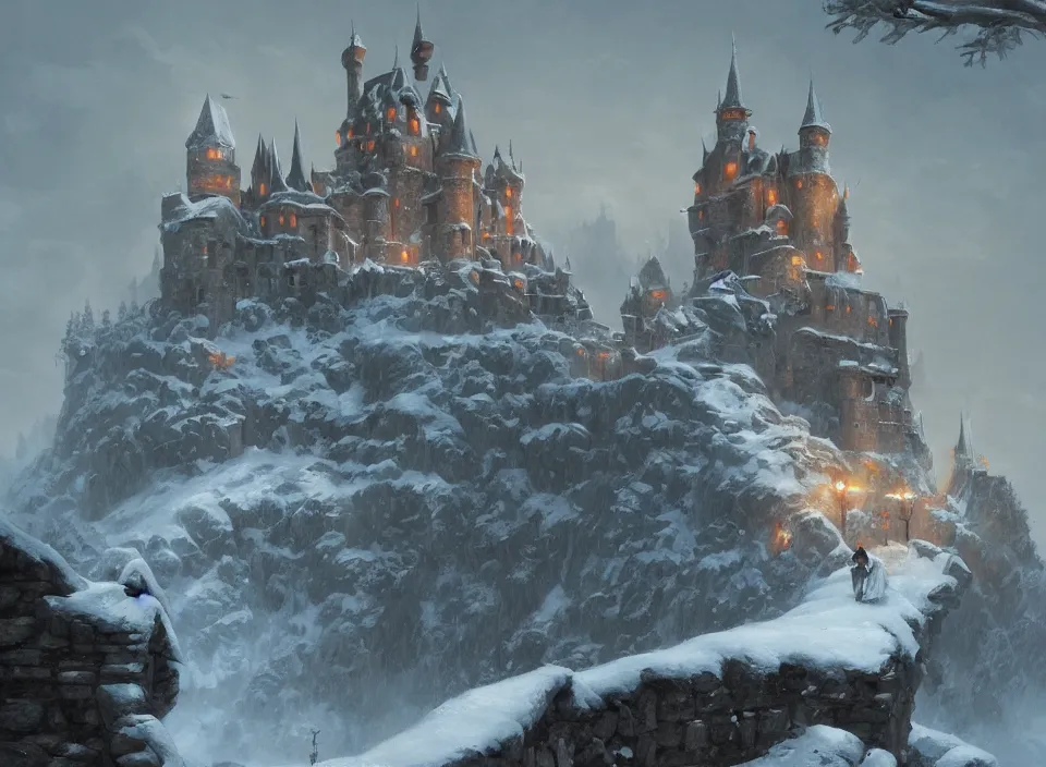 Image similar to a painting of a castle in the middle of a snowy mountain, a detailed matte painting by andreas rocha and greg rutkowski, featured on artstation, fantasy art, matte drawing, matte painting, artstation hq