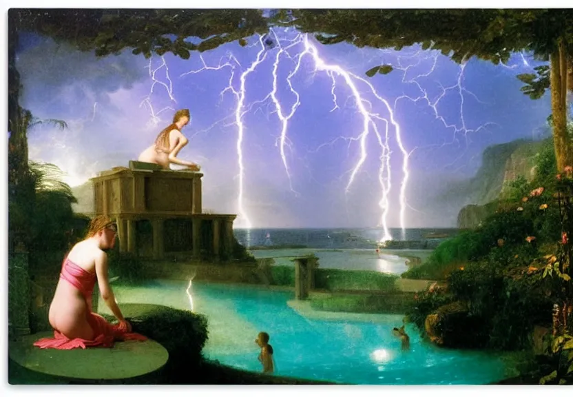 Image similar to Girl playing the palace piano, refracted sparkles, thunderstorm, greek pool, beach and Tropical vegetation on the background major arcana sky, by paul delaroche, hyperrealistic 4k uhd, award-winning, very very very detailed