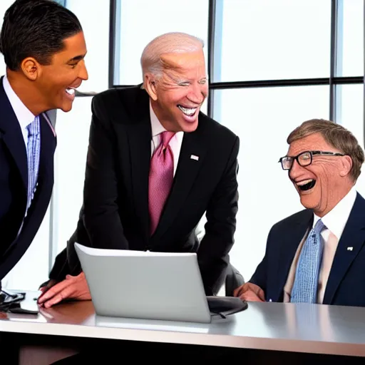 Image similar to stock photo of kim kardashian, joe biden, and bill gates wearing suits and ties laughing in an office building, 8k resolution, full HD, cinematic lighting, award winning, anatomically correct