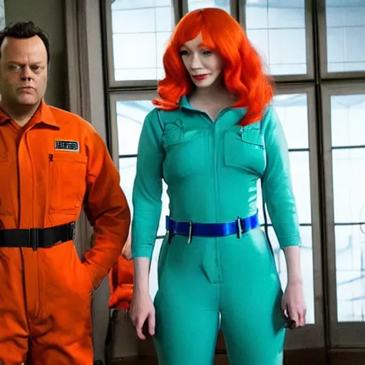 Image similar to vince vaughn as jack fenton, he is wearing an orange coveralls bodysuit with a big sci - fi gun belt, and christina hendricks as maddie fenton, she is wearing a tight teal coveralls bodysuit with a big sci - fi gun belt, movie photo, spooky netflix still shot, they are looking for ghosts