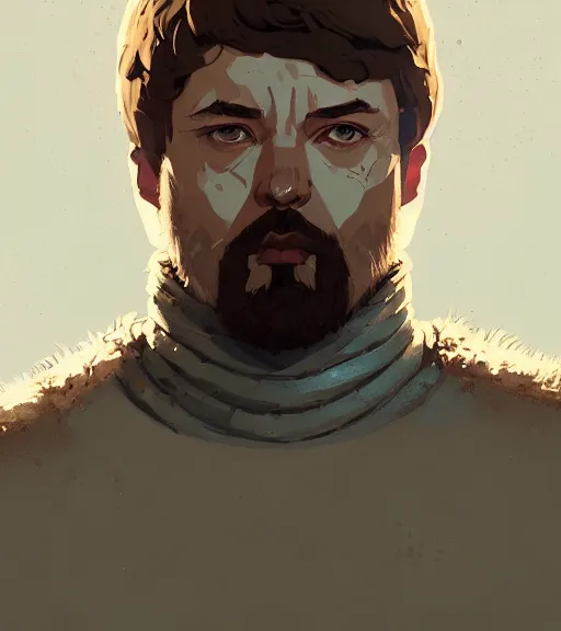 Image similar to portrait of a king ( game of thrones ) hard look, armor by atey ghailan, by greg rutkowski, by greg tocchini, by james gilleard, by joe fenton, by kaethe butcher, dynamic lighting, gradient light blue, brown, blonde cream and white color scheme, grunge aesthetic