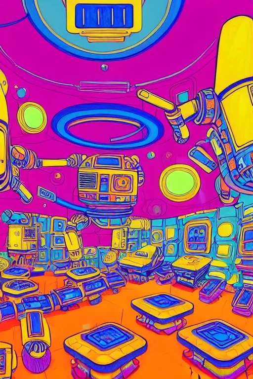 Image similar to a brightly colored drawing of a room with a bed in an 8 0 s art deco international space station, robots, led screens, droids, a detailed painting by lisa frank, james jean, kilian eng, moebius, featured on deviantart, psychedelic art, psychedelic, dmt