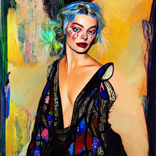 Prompt: oil painting of margot robbie by james jean, by harry clarke