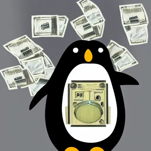 Image similar to Picture of a penguin wearing a suit with a stack of money, drug lord, hair, godfather, symmetrical, dark environment, smoke, realistic, highly detailed, digital art, trending on artstation,