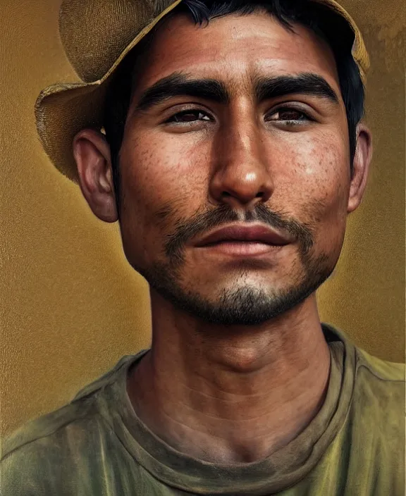 Prompt: heroic portrait of a handsome young mexican farmer, art by denys tsiperko and bogdan rezunenko, hyperrealism