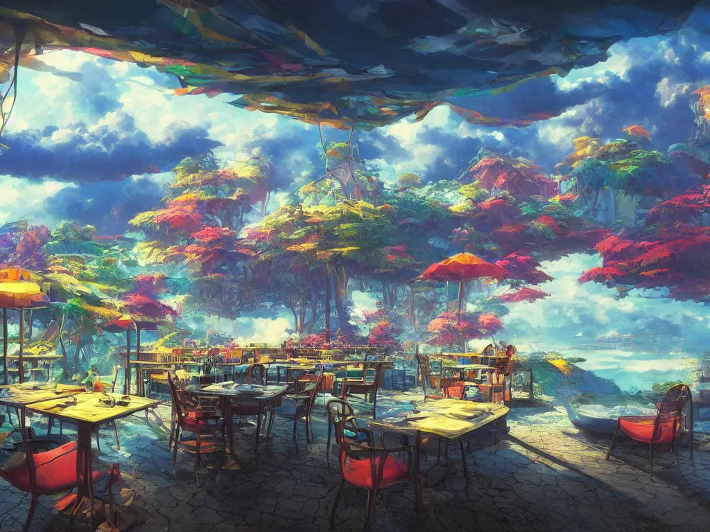 Prompt: cafe in the clouds, high contrast, vibrant colors, vivid colors, high saturation, fantasy, artwork, aesthetic, calming, very beautiful scenery, hd, hdr, ue5, ue6, unreal engine 5, cinematic, 4k wallpaper, 8k ultra, by Greg Rutkowski and Jesper Ejsing and Raymond Swanland and alena aenami, featured on artstation, wide angle