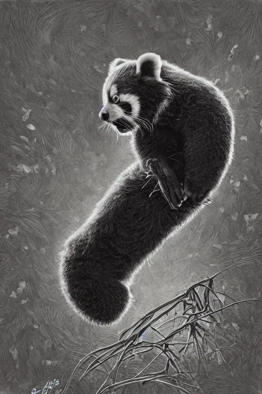 Image similar to red panda artist,in the style of Earl Norem and Alicia Austin,trending on artstation, broken lighting top view,camcorder effect ,mandelbulb 3d,black and white,Myst ,impressionism ,