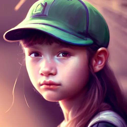 Image similar to portrait of cute young girl, wearing baseball cap, lonely, jungle clothing, survivor, jungle setting, bokeh, sharp focus, character art, illustration, digital painting, trending on artstation, greg rutkowski.