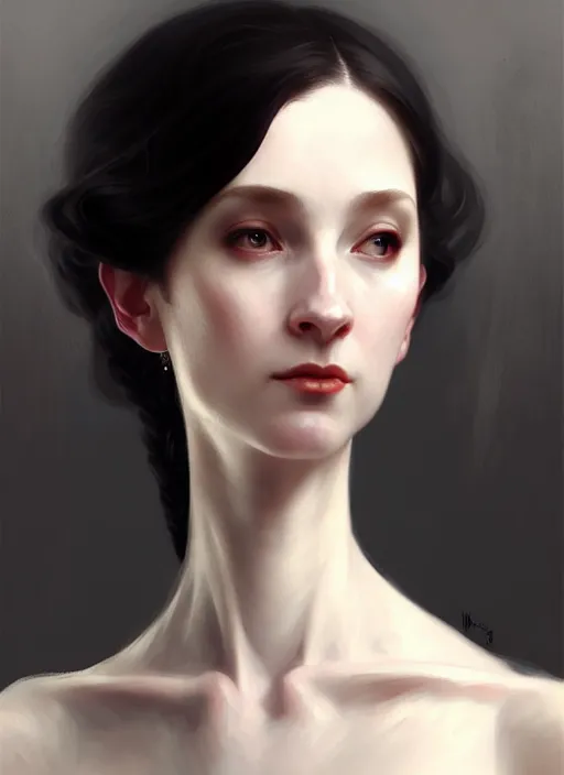 Image similar to character concept portrait of a female wizard with pale skin, wearing an elegant dress, dark vibe, intricate, elegant, digital painting, concept art, smooth, sharp focus, illustration, by Ruan Jia and Mandy Jurgens and William-Adolphe Bouguereau, Artgerm,
