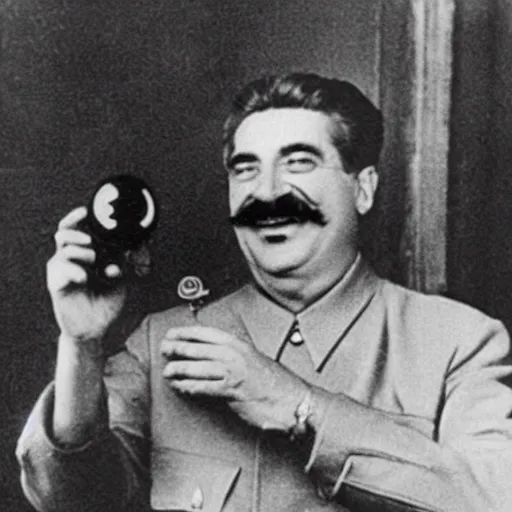 Prompt: Old photograph of Stalin excitedly holding up a Tamagotchi