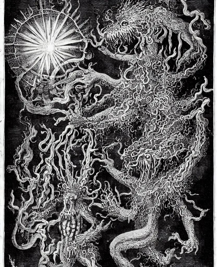 Image similar to fiery freaky whimsical monster creature sings a unique canto about'as above so below'being ignited by the spirit of haeckel and robert fludd, breakthrough is iminent, glory be to the magic within