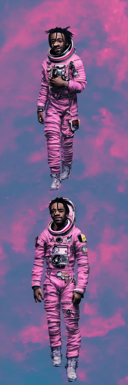 Image similar to Cinematic full body portrait of Lil Uzi Vert wearing a pink spacesuit, cinematic photograph, matte painting, trending on artstation, space clouds art