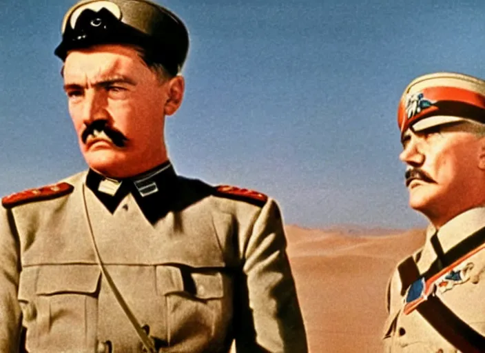 Prompt: a film still of josef stalin vs adolf hitler in lawrence of arabia ( 1 9 6 2 ), technicolor