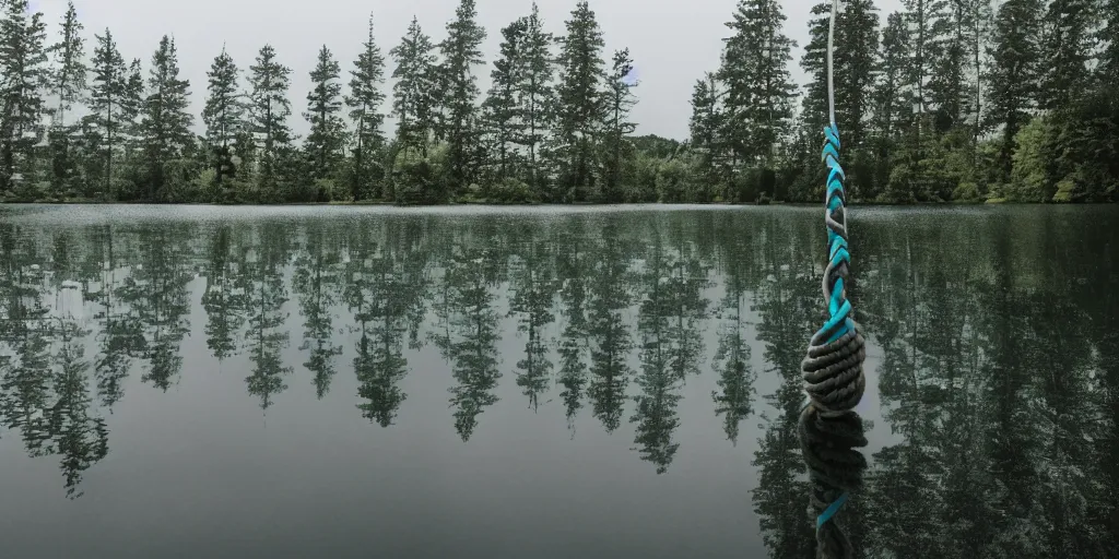 Image similar to centered photograph of a long rope snaking directly on the surface of the water, rope center of the lake, a dark lake on a cloudy day, color film, trees in the background, anamorphic lens