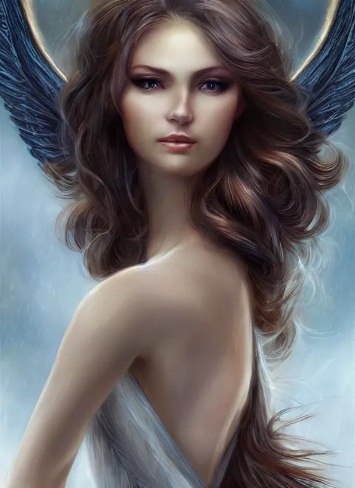 Image similar to a beautiful woman angel big wings, 8 k, sensual, hyperrealistic, high resolution, uhd, hyperdetailed, beautiful face, long hair windy, dark fantasy, fantasy portrait by laura sava