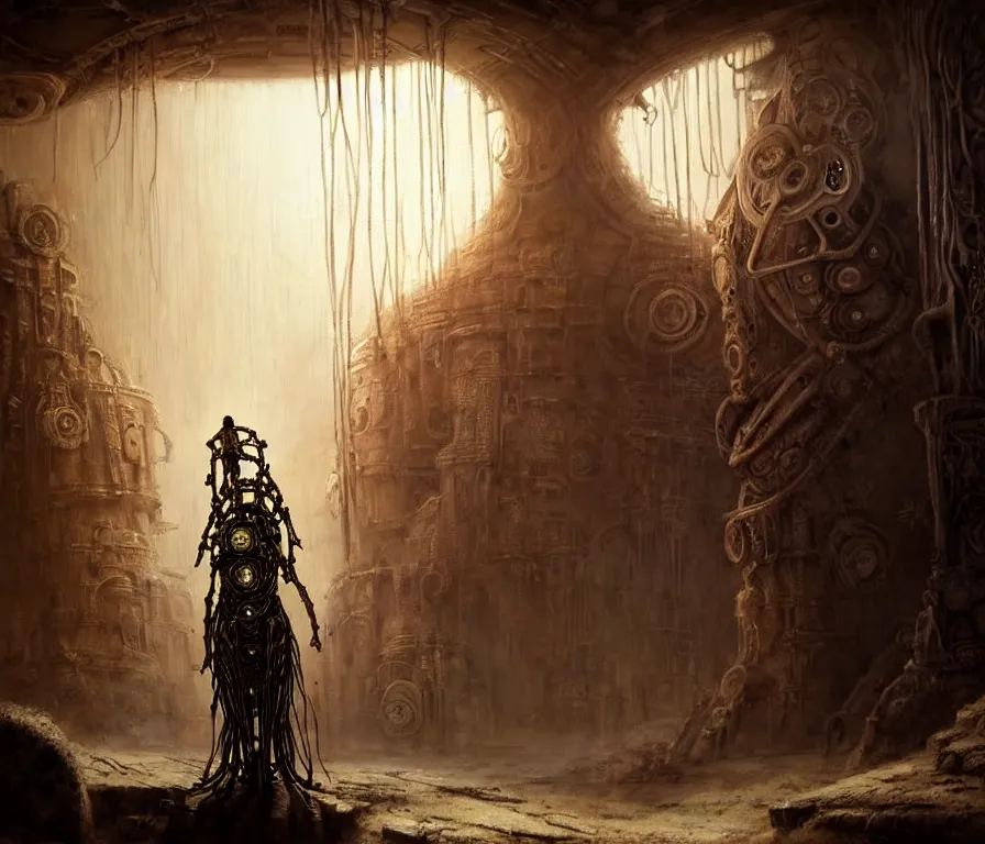 Prompt: A techno-magical shaman in shamanistic robes performs a ritual to resurrect a biomechanical horse in a huge steel ancient ruins covered of dunes of sand. Art by Finnian MacManus, Rembrandt. Masterpiece, fantasy art, future, cinematic, hyperdetailed, sigils, photorealistic, cyberpunk, postapocalyptic, steampunk, hyperrealism, octane rendering, 8k, depth of field, bokeh, shadows.