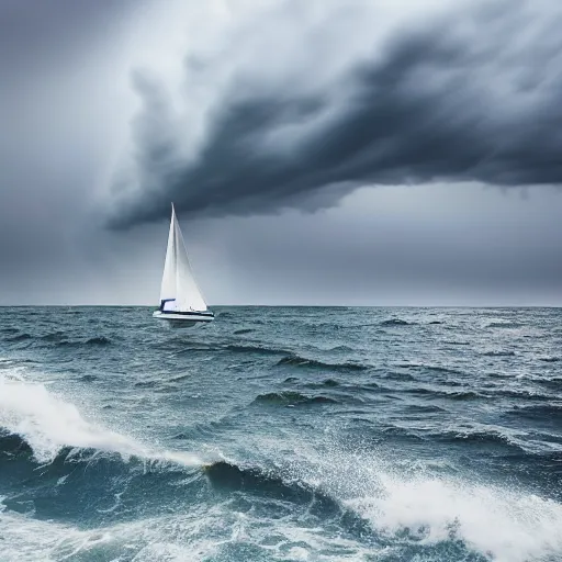 Image similar to A tiny sailboat moving towards a huge scary storm, large waves, lighting strikes, dramatic lighting, postprocessing, professional photography, DSLR, HDR, 4K