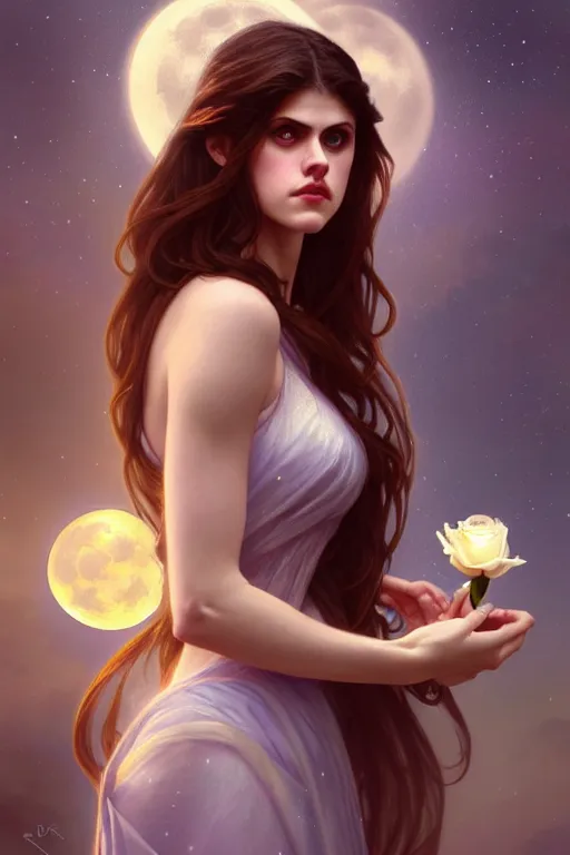 Image similar to photography alexandra daddario as a rose flower, dreamy, moonlight, deep focus, d & d, fantasy, complex, elegant, highly detailed, digital painting, artstation, concept art, matte, clear focus, illustration, hearthstone, artgerm art, greg rutkovsky and alphonse mucha