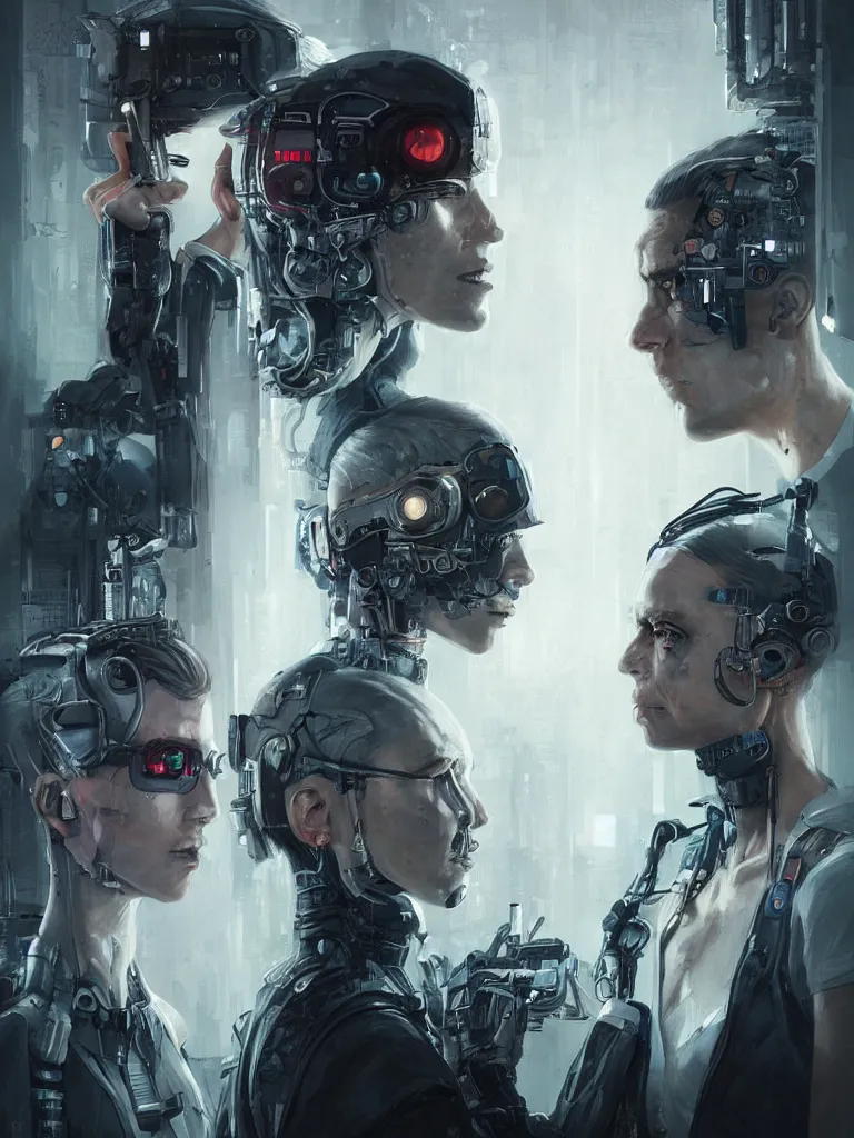 Image similar to a cyberpunk longshot portrait of two gorgeous cyborgs with hard white plastic, in the movie Girl With The Dragon Tattoo, award-winning, masterpiece, in the style of Tom Bagshaw, Cedric Peyravernay, Peter Mohrbacher