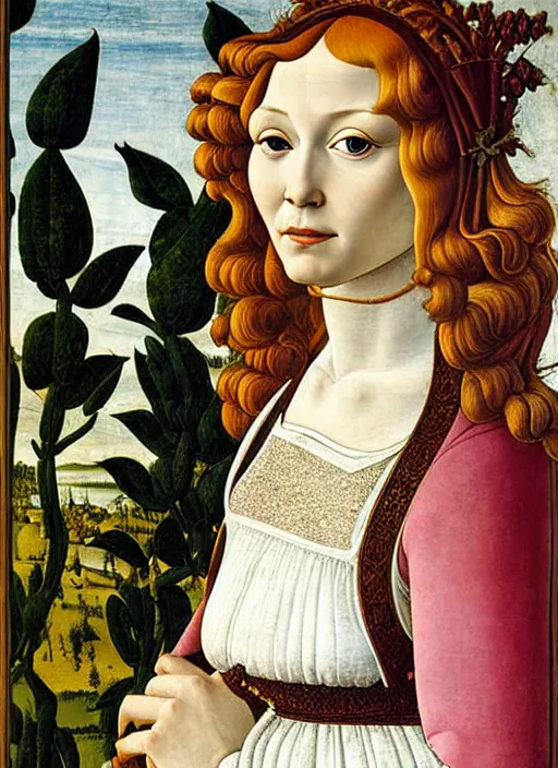 Image similar to portrait of young woman in renaissance dress and hennin, art by sandro botticelli