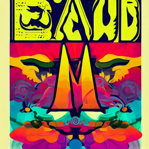 Image similar to colorful psychedelic poster, graphic design, bold lettering, layout, typography