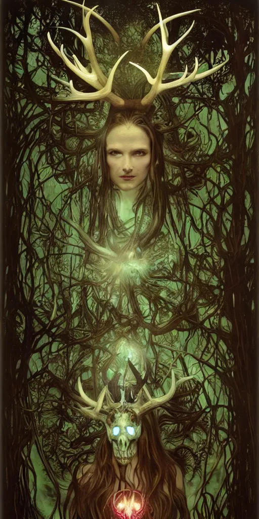 Prompt: intense bioluminescent pagan god with antlers and fangs and intense glowing eyes with a bull skull in very dark forest by mark ryden and alphonse mucha, portrait, fantasy, clear, light beams, lens flare, intense, uhd, amazing depth, cinematic lighting