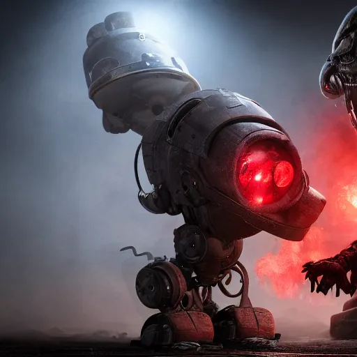 Image similar to post - apocalyptic, a very strong robot with red enerygies shaking the hand with a mighty alien creature that has multiple eyes. smoke. volumetric lighting, sharp focus, ultra detailed, cgsociety