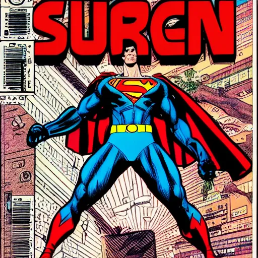 Prompt: 1 9 8 0 s comic book title cover scan, highly detailed professional comic art, sharp detailed, featuring a portrait of tiger as a superman by schen teng, 8 0 s sci - fi comic art