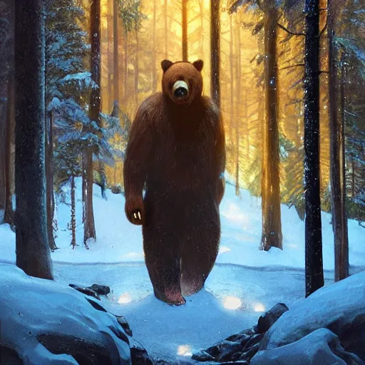 Prompt: dark scene of a giant bear, surrounded by glowing eyes in the snowy forest, realistic shaded lighting poster by ilya kuvshinov katsuhiro otomo, magali villeneuve, artgerm, jeremy lipkin and michael garmash and rob rey
