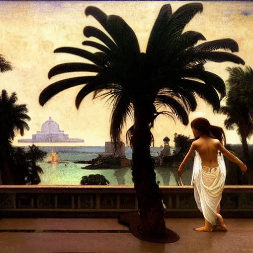 Prompt: Silhouette of two girl at the palace, thunderstorm, greek pool, beach and palm trees on the background major arcana sky, by paul delaroche, alphonse mucha and arnold böcklin arnold böcklin hyperrealistic 8k, very detailed