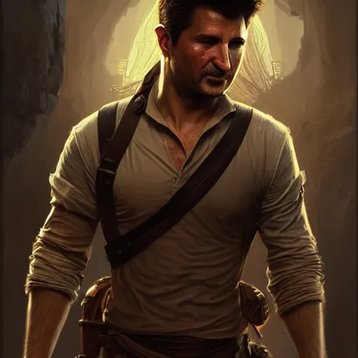 Image similar to Volodymyr Zelensky as Nathan Drake, D&D, fantasy, intricate, elegant, highly detailed, digital painting, artstation, concept art, matte, sharp focus, illustration, art by Artgerm and Greg Rutkowski and Alphonse Mucha