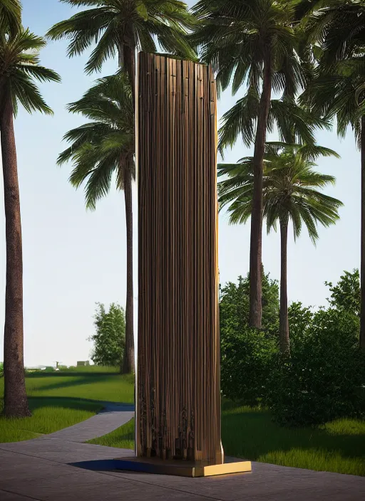 Image similar to highly detailed realistic architecture 3 d render of a metallic wooden stele monument in zaha hadid style standing on a side of a road, archdaily, made in unreal engine 4 octane render