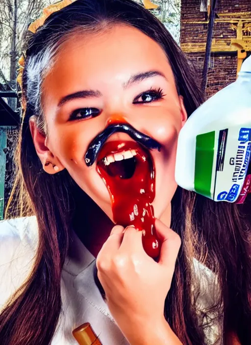 Image similar to A TikTok model is pouring hot sauce into her mouth as a challenge