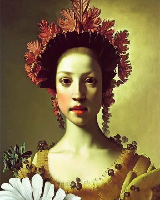 Prompt: baroque hibiscus queen, beauty portrait, intricate background, tiara, fractal leaves, detailed oil painting by caravaggio, johannes vermeer, karl spitzweg, alexi zaitsev, elegant, intricate, masterpiece